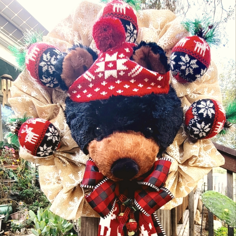 Winter Christmas Teddy Bear Wreath Deco Mesh knitted